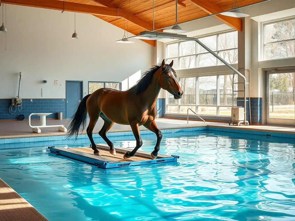 A photo of the clinic's rehabilitation center, featuring a horse on an underwater treadmill, emphasizing the facility's focus on comprehensive recovery and conditioning.
