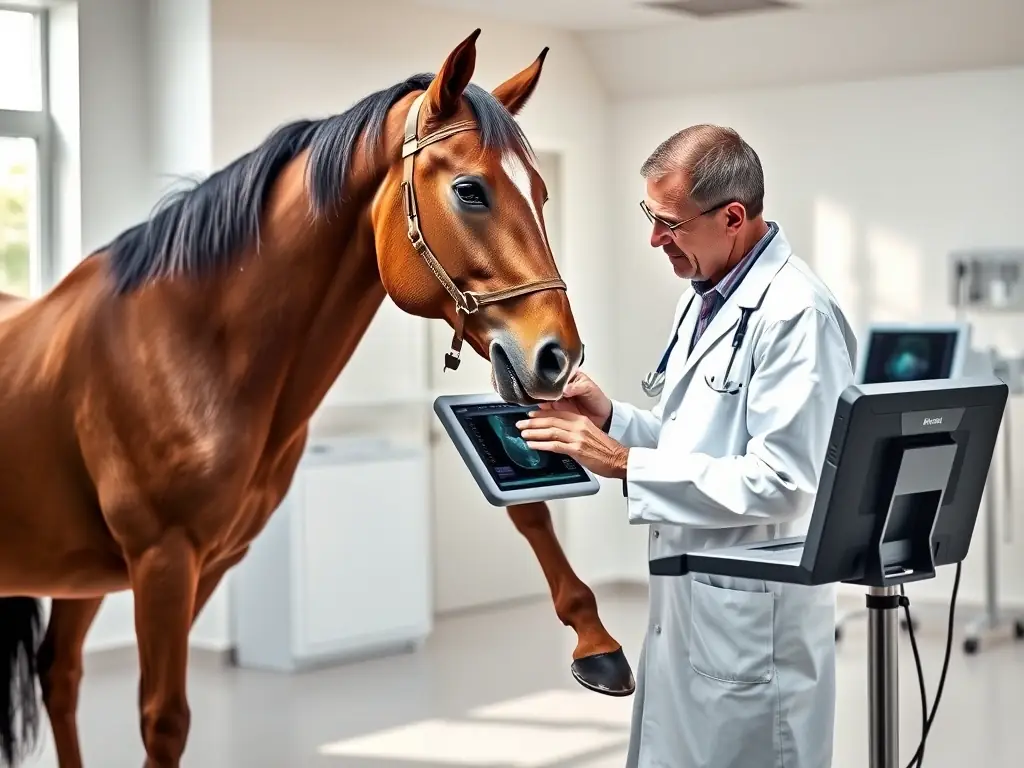 A high-quality image depicting a veterinarian performing an orthopedic examination on a horse's leg, using diagnostic equipment in a clean, modern clinic setting.