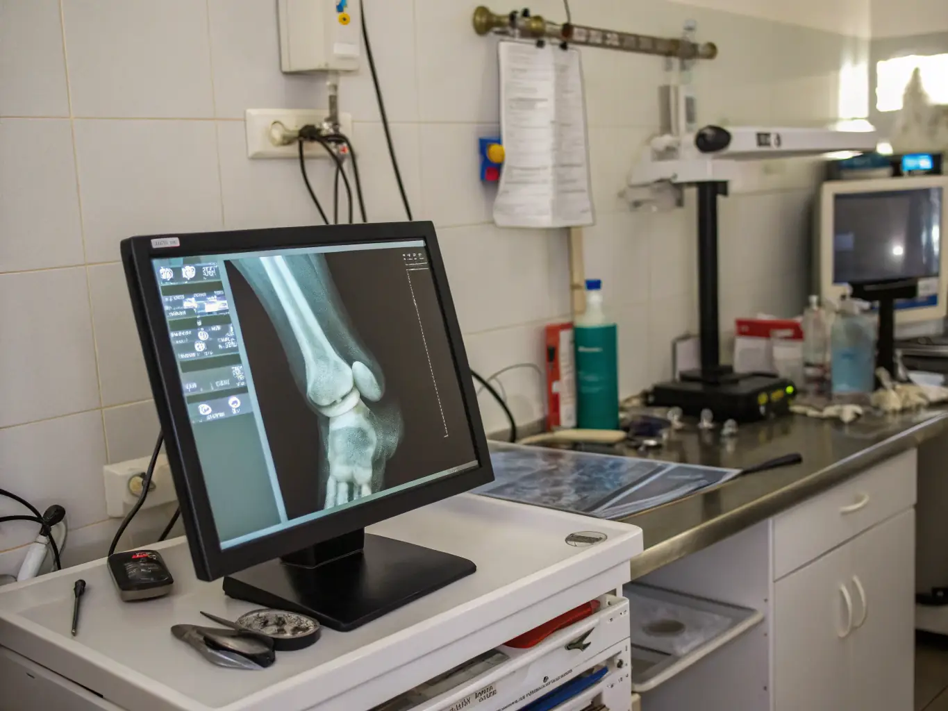 A high-resolution image showcasing the clinic's advanced digital radiography equipment in use, capturing detailed images of a horse's leg for precise diagnostics.