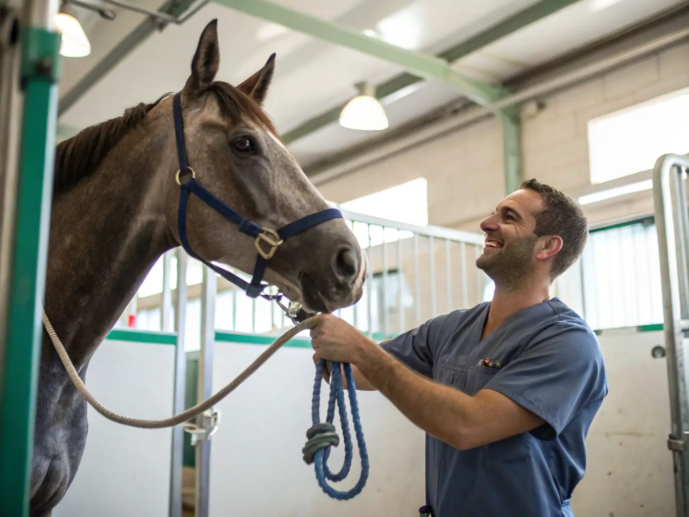 An image showing a horse undergoing an endoscopic examination, with a veterinarian carefully guiding the endoscope. The setting is a well-equipped sports medicine facility.